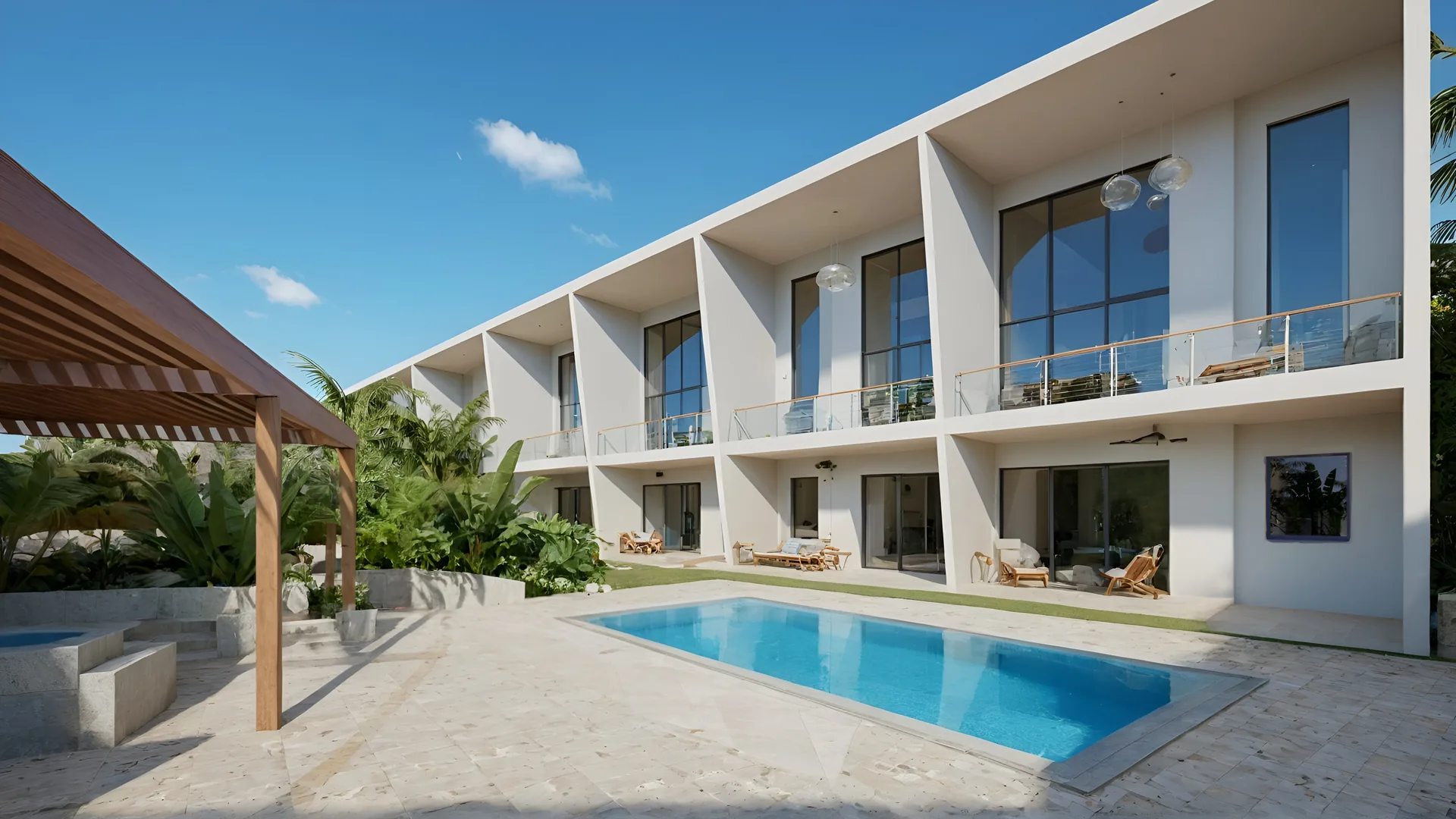Fachada con piscina
